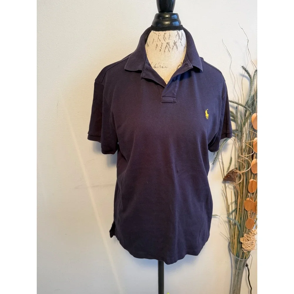 Polo Ralph Lauren Mens Custom Fit Navy Blue Short Sleeve‎ Polo Shirt Yellow Pony